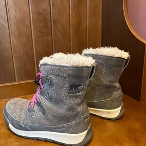 Sorel Kids Gray Boots with Pink Accents